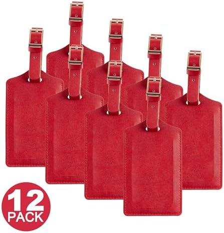 12 Pack Luggage Tags Faux Leather for Suitcases - Red Deep