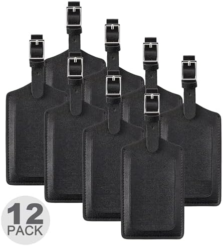 12 Pack Luggage Tags Faux Leather for Suitcases - Black