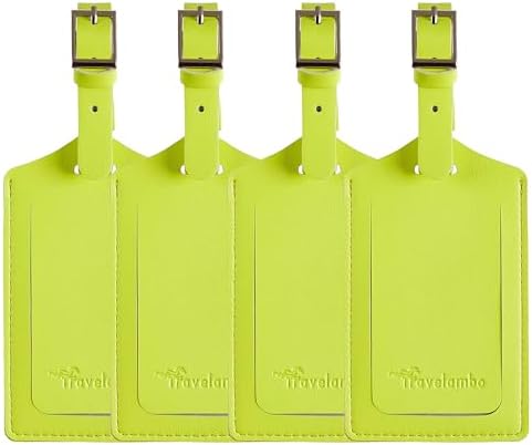 4 Pack Leather Luggage Tags for Suitcases - Neon Yellow