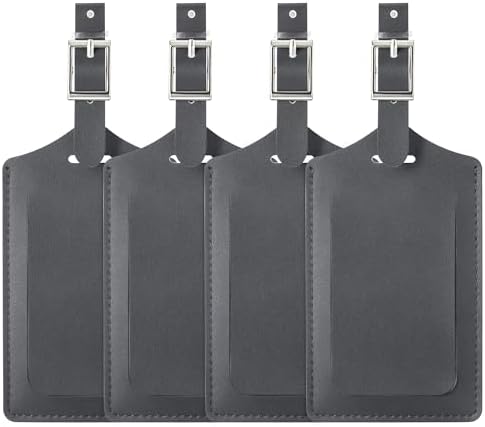 4 Pack Leather Luggage Tags for Suitcases - Deep Grey